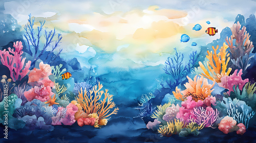 Fototapeta Naklejka Na Ścianę i Meble -  Watercolor abstract coral reef with diverse marine life. Coral Reef at Dawn. Illustration