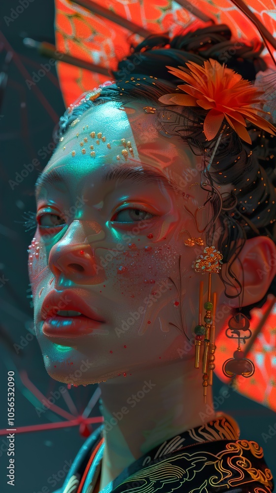 Obraz premium Cyberpunk Portrait of a Woman with Glowing Skin and Jewelry