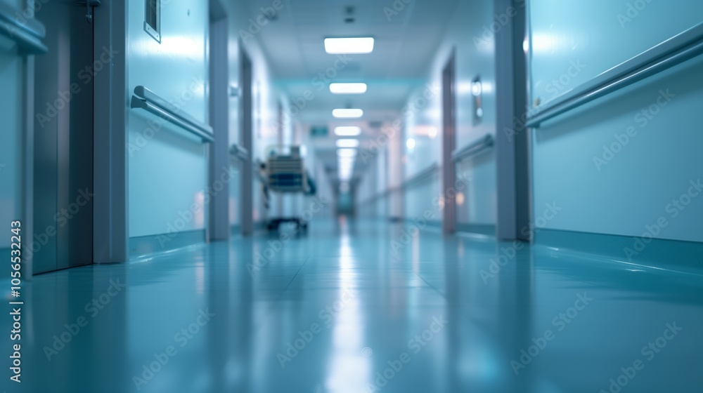 Blurred background of hospital corridor with focus on empty wall, soft lighting and light blue color tone, close-up of medical equipment in the distance Blurred background of hospital corridor with focus on empty wall, soft lighting and light blue color tone, close-up of medical equipment in the distance