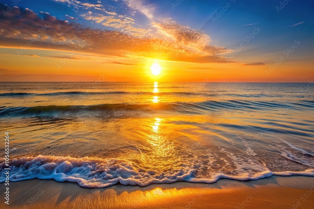 Fototapeta premium Gentle golden light illuminates the horizon as the sun dips below the sea, casting a warm glow on the waves, soft, peaceful