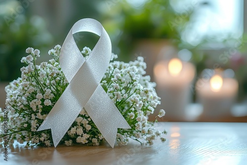 White Ribbon and White Baby's Breath Flowers on a Table photo