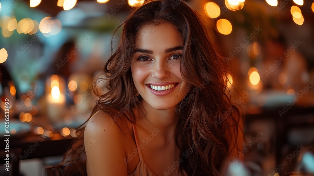 A beautiful woman smiles while sitting at a table in front of her date. A beautiful woman smiles while sitting at a table in front of her date.