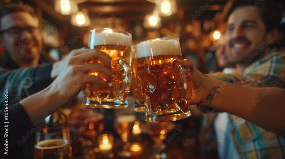 A group of friends toasting with beer glasses in a bar. A group of friends toasting with beer glasses in a bar.
