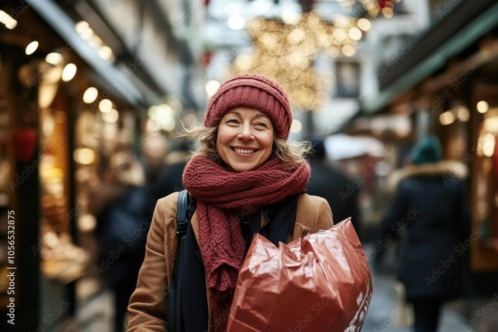 Happy smiling middle aged woman in winter clothes at street Christmas market in Paris
Happy smiling middle aged woman in winter clothes at street Christmas market in Paris
