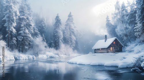 Winter wonderland snow-covered trees frozen river log cabin smoke chimney cool monochromatic blues. Frozen River. Illustration