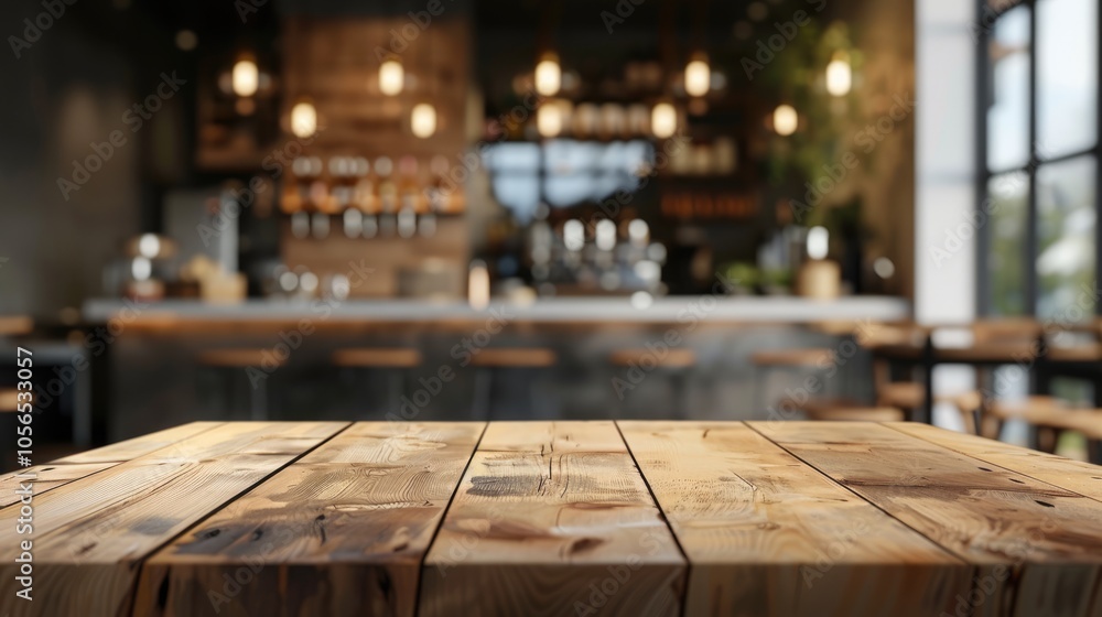 Blurred restaurant interior with vacant wood table. Mockup Blurred restaurant interior with vacant wood table. Mockup
