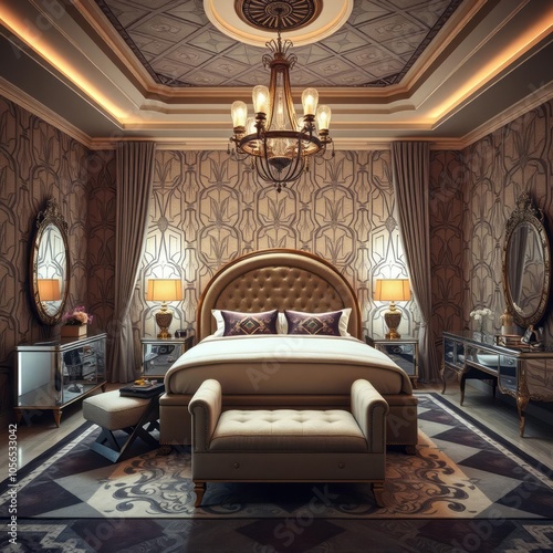 Art decoinspired master bedroom with geometric patterns a velvetupholstered headboard mirrored furniture an ornate chandelier and a vintage vanity area master bedroom Ultra realistic  photo