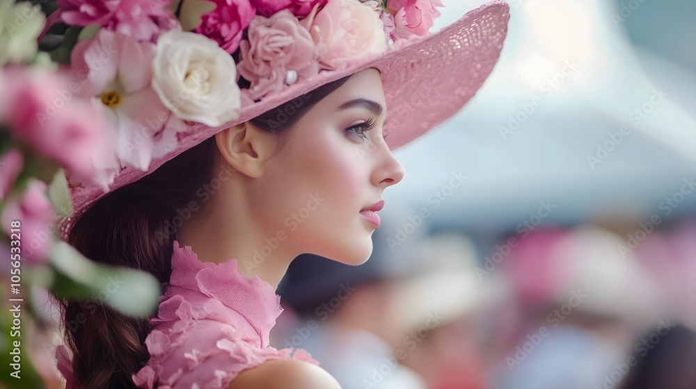 Obraz premium Horse racing fashion, woman wearing a fashionable colourful flower hat and fancy dress. Retro modern elegant sports event spring carnival, race track and horse background. Melbourne Cup in Australia.