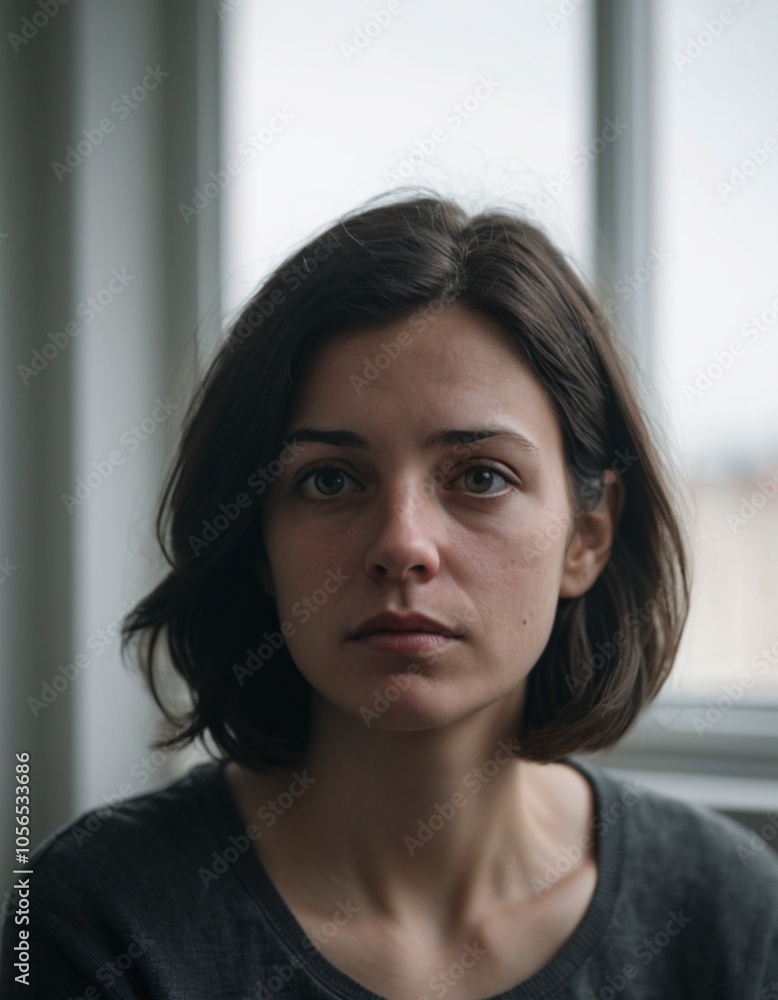 Portrait of a woman with short, natural brunette hair and a bare, no-makeup look, seated by a window in soft natural light, creating a calm and introspective atmosphere against a minimalist background Portrait of a woman with short, natural brunette hair and a bare, no-makeup look, seated by a window in soft natural light, creating a calm and introspective atmosphere against a minimalist background
