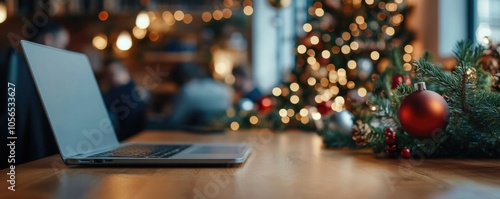 Open office space decorated for Christmas holidays with trees and ornaments, creating warm and festive atmosphere at workplace 