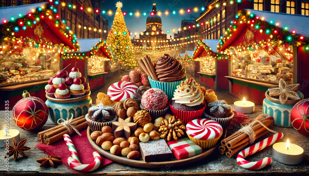 A festive display of holiday treats, including cookies and cupcakes, set against a beautifully decorated market scene. A festive display of holiday treats, including cookies and cupcakes, set against a beautifully decorated market scene.