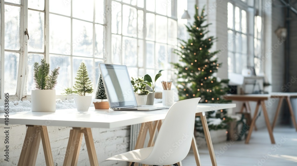 Open office space decorated for Christmas holidays with trees and ornaments, creating warm and festive atmosphere at workplace
Open office space decorated for Christmas holidays with trees and ornaments, creating warm and festive atmosphere at workplace