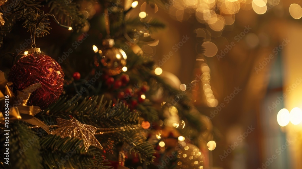 A Christmas tree with many ornaments, including a red ball and a star. The tree is lit up, creating a warm and festive atmosphere A Christmas tree with many ornaments, including a red ball and a star. The tree is lit up, creating a warm and festive atmosphere