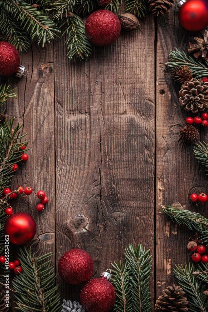Festive wooden background adorned with Christmas decorations such as pine branches, red ornaments, and pine cones, perfect for holiday-themed designs. Festive wooden background adorned with Christmas decorations such as pine branches, red ornaments, and pine cones, perfect for holiday-themed designs.