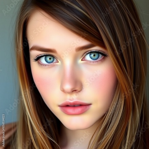 Wallpaper Mural Close-up portrait of a young woman with bright blue eyes, soft pink lips, and long, light brown hair, featuring a natural makeup look against a neutral background. Torontodigital.ca