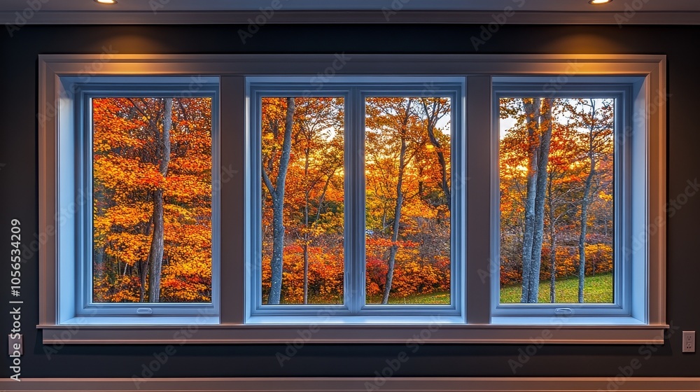 Modern window design with clean lines showcasing a late autumn landscape outside. The interior features simple, contemporary decor illuminated by bright lighting, creating an inviting atmosphere. Modern window design with clean lines showcasing a late autumn landscape outside. The interior features simple, contemporary decor illuminated by bright lighting, creating an inviting atmosphere.