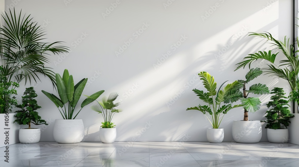 A serene indoor garden featuring a variety of lush green plants in stylish white pots, set against a minimalist white wall with natural light streaming in. A serene indoor garden featuring a variety of lush green plants in stylish white pots, set against a minimalist white wall with natural light streaming in.