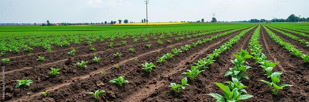 Lush green wheat field with young crops just planted in rows, under clear blue skies, soil, crop, rural Lush green wheat field with young crops just planted in rows, under clear blue skies, soil, crop, rural