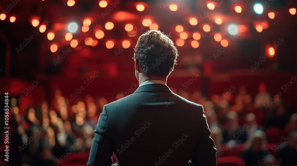 Speaker addressing an audience in a theater lit with warm lights Speaker addressing an audience in a theater lit with warm lights