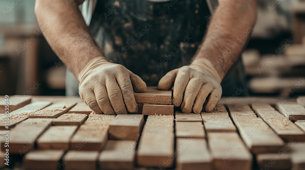 A craftsman carefully arranging wooden blocks on a workbench, showcasing attention to detail and craftsmanship in a well-lit workshop setting. A craftsman carefully arranging wooden blocks on a workbench, showcasing attention to detail and craftsmanship in a well-lit workshop setting.