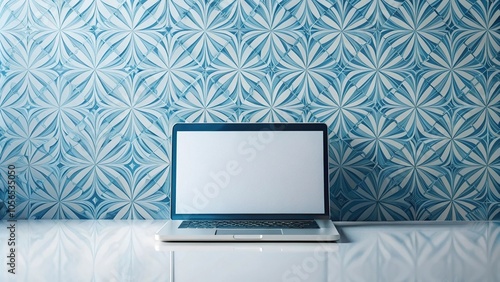 Minimalist geometric patterns in shades of blue and white on a bright white laptop background, abstractpattern, digitalart photo