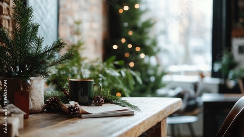 Open office space decorated for Christmas holidays with trees and ornaments, creating warm and festive atmosphere at workplace 