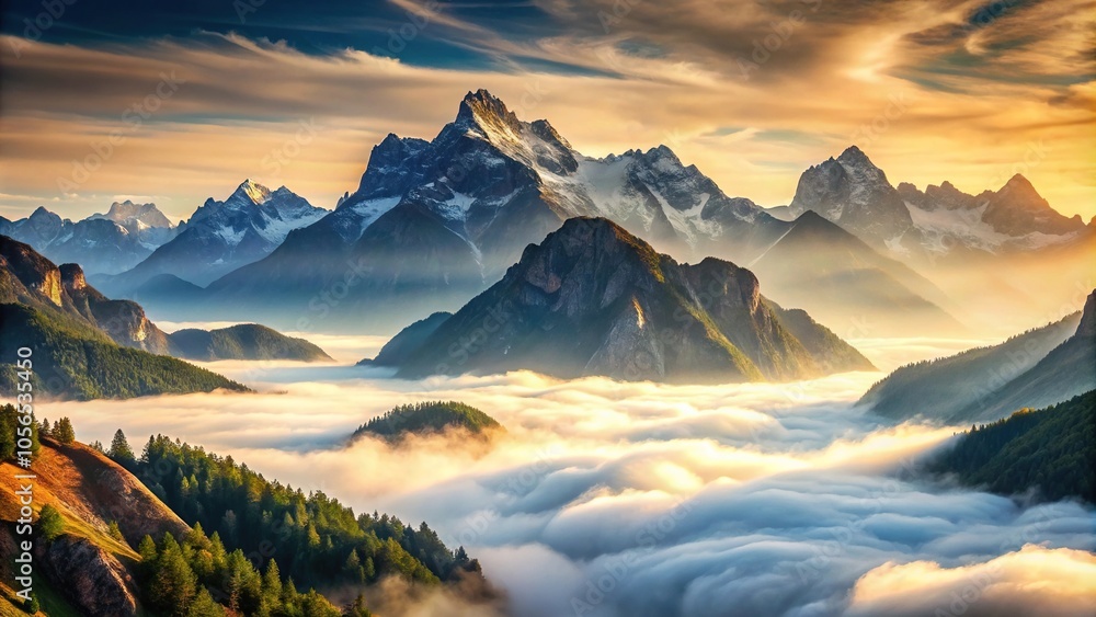 Mountain peaks rising above misty valley, landscape photography, valley, mist, rivers, waterfalls Mountain peaks rising above misty valley, landscape photography, valley, mist, rivers, waterfalls