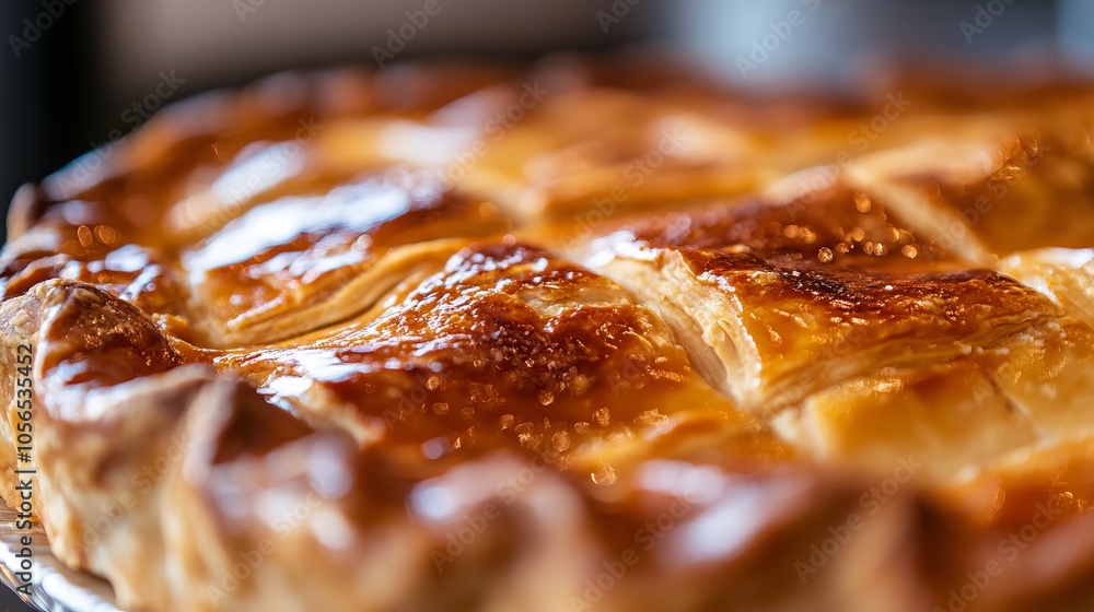 Close-up of a pie crust with golden brown edges and flaky layers. Close-up of a pie crust with golden brown edges and flaky layers.