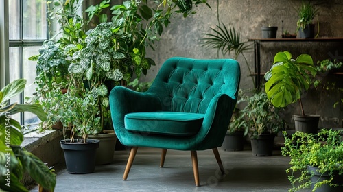 Comfortable Green Chair in Lush Indoor Garden