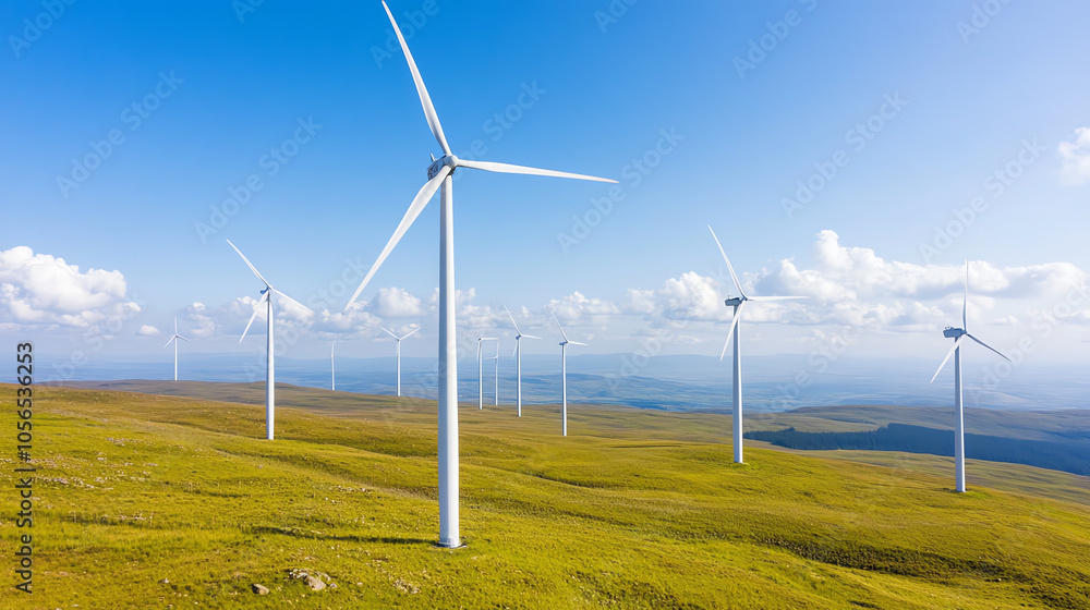 A panoramic view of wind turbines standing tall on lush green hills under a clear blue sky, symbolizing renewable energy and sustainability.