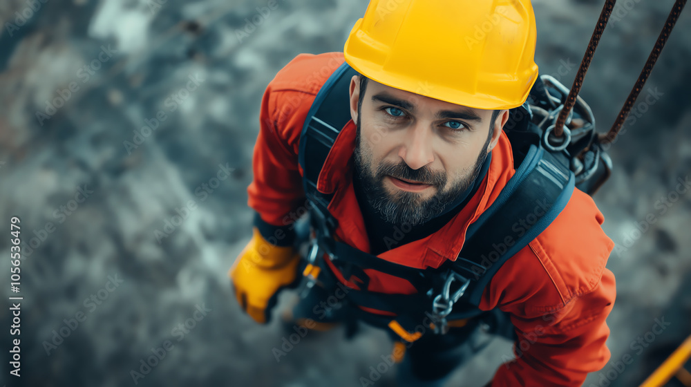 A rugged male worker in a yellow helmet and red jumpsuit, prepared for maintenance work at height, showcasing safety and professionalism. A rugged male worker in a yellow helmet and red jumpsuit, prepared for maintenance work at height, showcasing safety and professionalism.