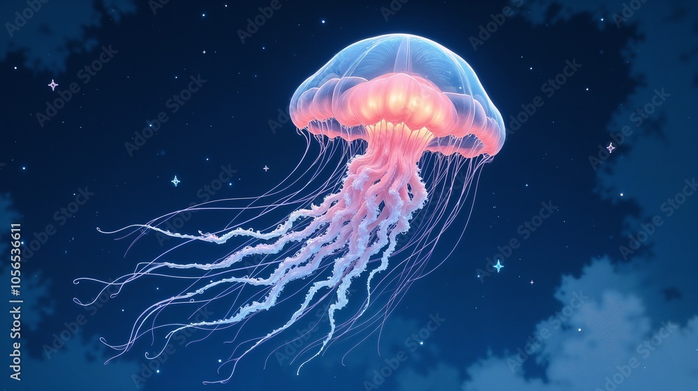 A luminous jellyfish gliding gracefully through a starry night sky, surrounded by gentle clouds, creating a magical underwater atmosphere A luminous jellyfish gliding gracefully through a starry night sky, surrounded by gentle clouds, creating a magical underwater atmosphere