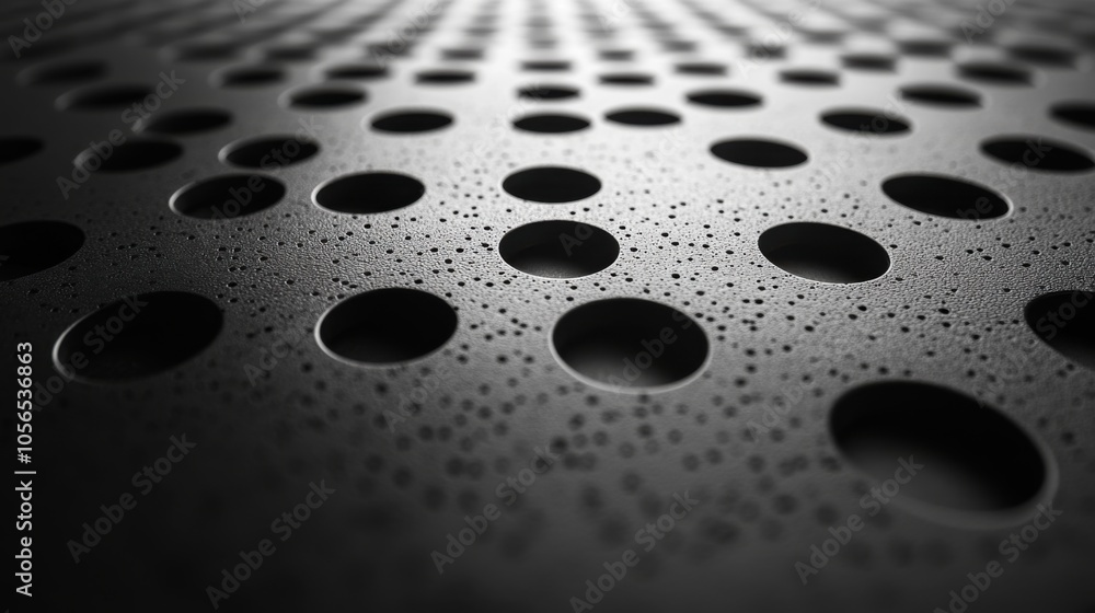 Close-up of a textured surface with circular holes and droplets. Close-up of a textured surface with circular holes and droplets.