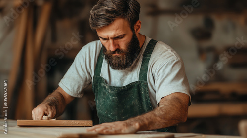 A skilled carpenter working diligently on a wooden project, showcasing craftsmanship and passion for woodworking in a rustic environment. photo