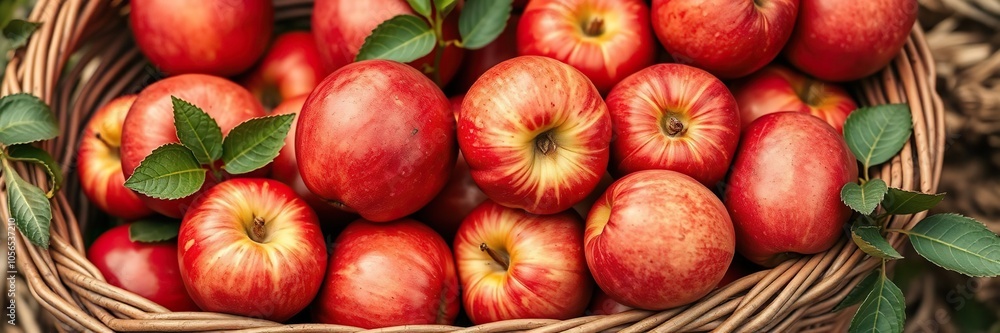 Rustic wooden basket overflowing with fresh red apples, agriculture, fresh Rustic wooden basket overflowing with fresh red apples, agriculture, fresh