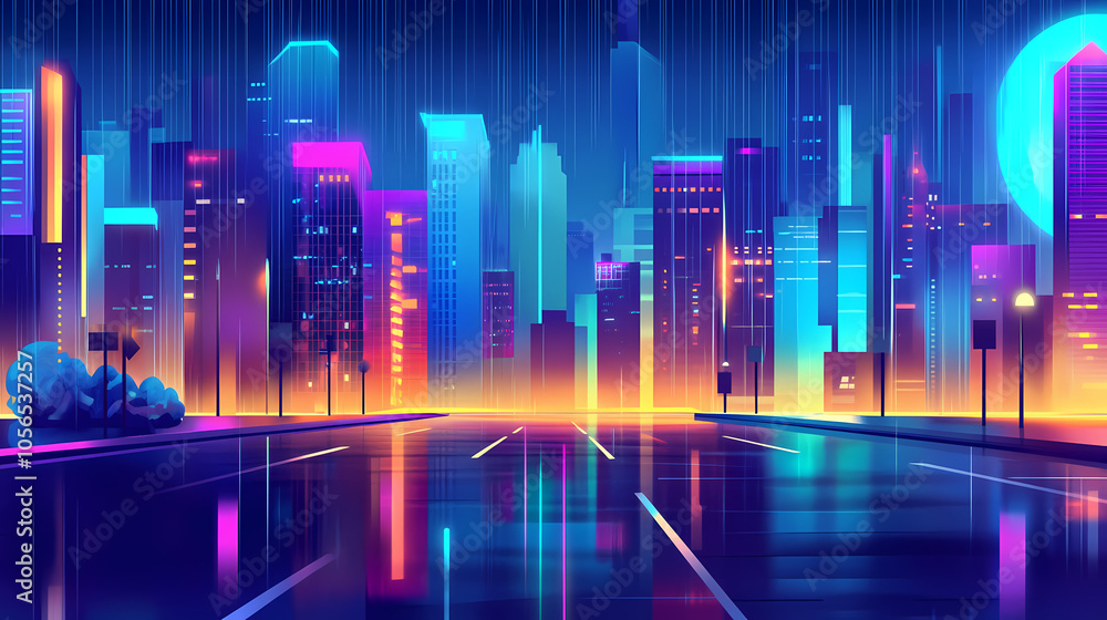 Obraz premium Vibrant neon lights illuminate a futuristic, nostalgic cityscape at night, rain-soaked streets glisten amidst retro-futuristic skyscrapers. Rain-soaked Streets. Illustration