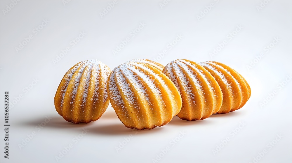 Delightfully golden brown French madeleines with a soft fluffy texture and a delicate dusting of powdered sugar arranged against a clean minimalist white background Delightfully golden brown French madeleines with a soft fluffy texture and a delicate dusting of powdered sugar arranged against a clean minimalist white background