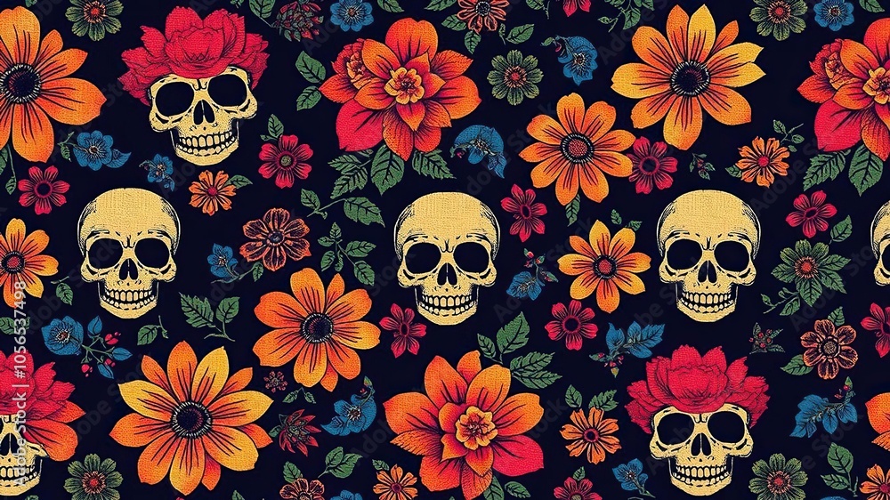 Seamless pattern featuring a mix of flowers and skulls in a vibrant and bold design, bold, flowers Seamless pattern featuring a mix of flowers and skulls in a vibrant and bold design, bold, flowers