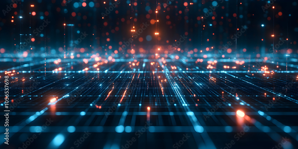 Fototapeta premium Digital Flow: A mesmerizing abstract backdrop of glowing lines and particles. Perfect for technology, innovation, and futuristic concepts. 