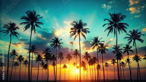 Silhouetted palm trees standing tall against a radiant teal sky at sunset, landscape, natural, tropical