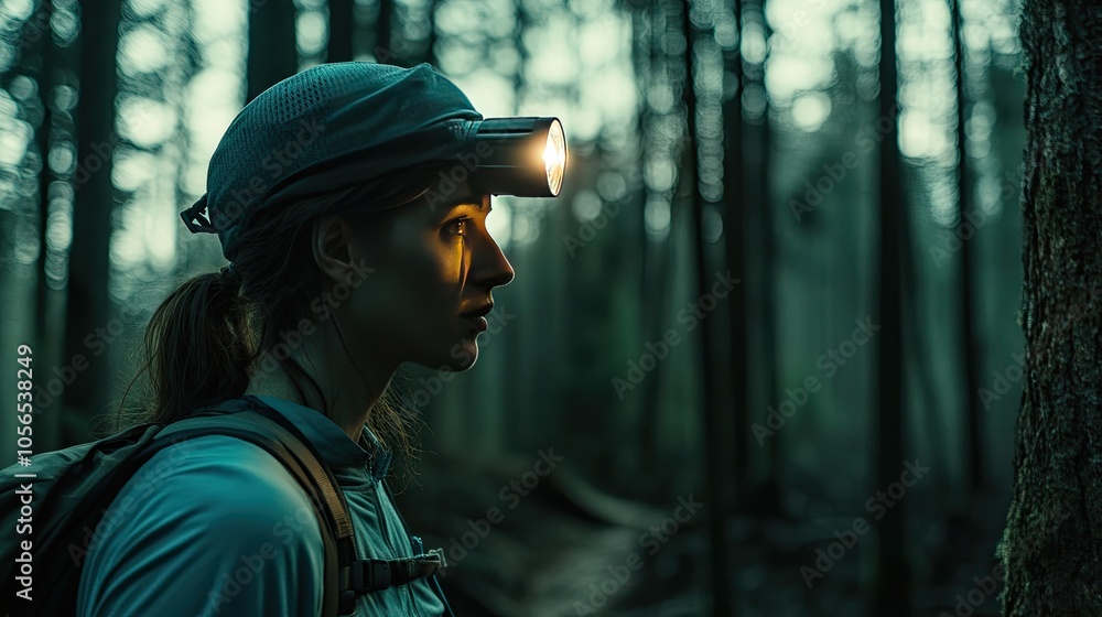 Woman Hiking in Forest with Headlamp at Dusk Woman Hiking in Forest with Headlamp at Dusk