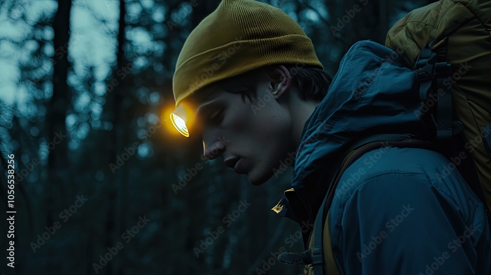 Obraz premium Thoughtful Hiker in Forest at Dusk with Headlamp