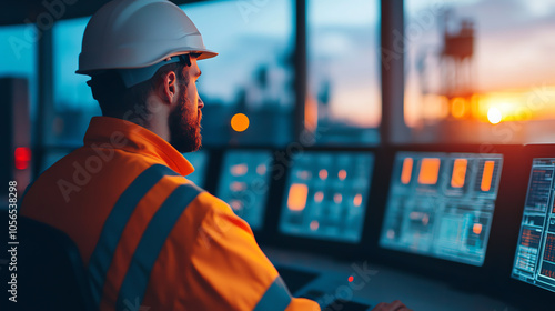 A worker in a safety helmet monitors digital screens at sunset, showcasing technology in the workplace. Captivating scene of modern industry. photo