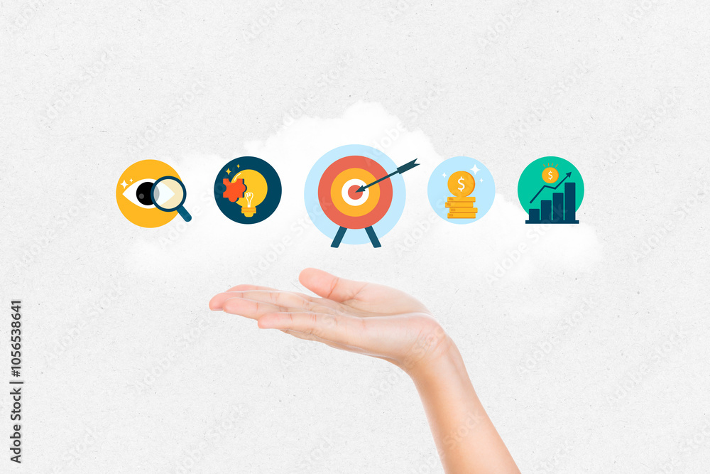 A hand holding target icon and surrounded by business icons, Goal, Growth and success, Business concept, Contemporary Art collage A hand holding target icon and surrounded by business icons, Goal, Growth and success, Business concept, Contemporary Art collage