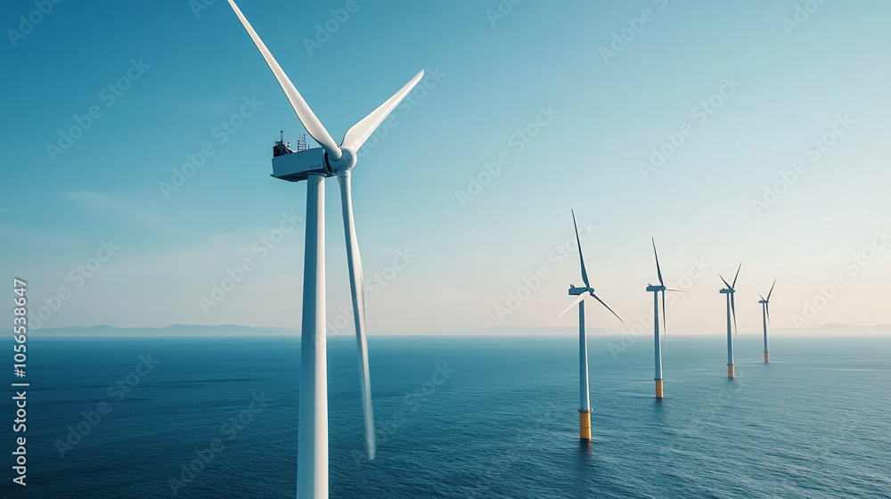 Aerial view of wind turbines in the ocean under a clear blue sky. Renewable energy harnessing for a greener future. Aerial view of wind turbines in the ocean under a clear blue sky. Renewable energy harnessing for a greener future.