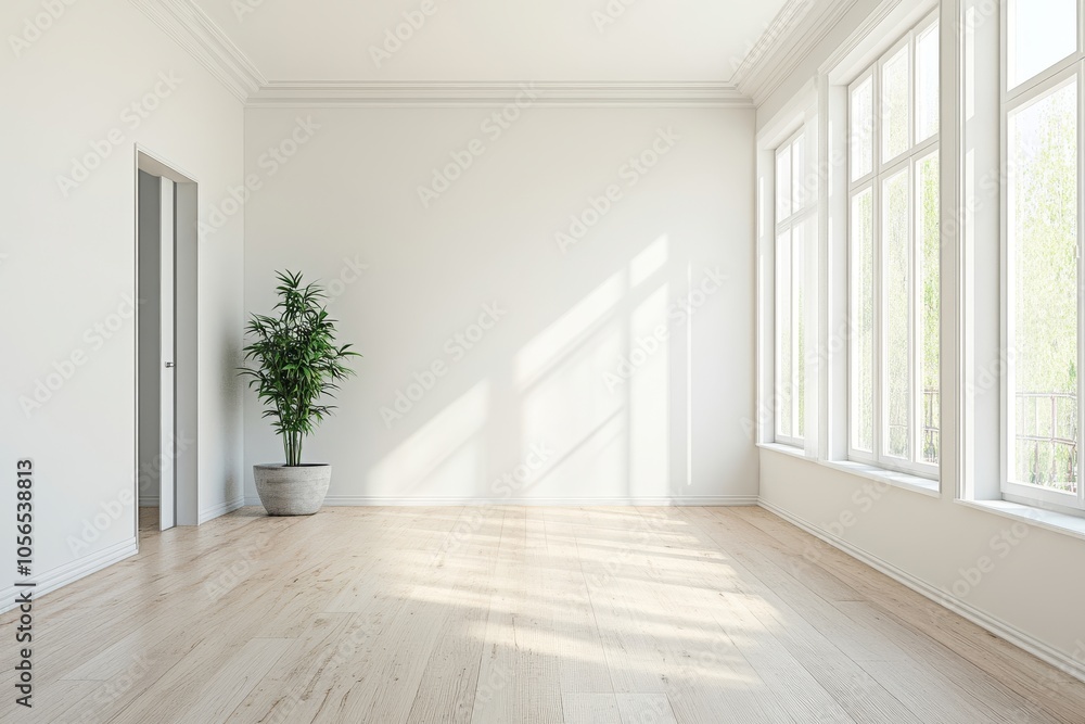 Sunlit empty room featuring large windows, wooden flooring, and a potted plant, perfect for interior design or real estate concepts. Sunlit empty room featuring large windows, wooden flooring, and a potted plant, perfect for interior design or real estate concepts.