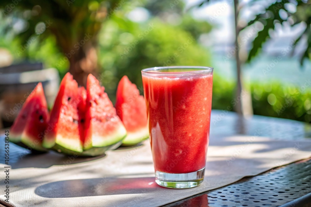 Refreshing Summer Watermelon Juice Amidst Lush Greenery with Sliced Watermelon in Background Refreshing Summer Watermelon Juice Amidst Lush Greenery with Sliced Watermelon in Background
