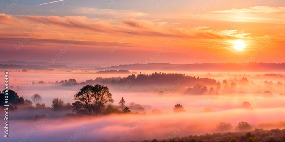 Soft pink and orange hues creep over a misty landscape as morning sun rises above the treetops, sunrise, pink Soft pink and orange hues creep over a misty landscape as morning sun rises above the treetops, sunrise, pink