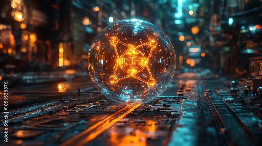 A glowing orb with intricate patterns in a futuristic setting. A glowing orb with intricate patterns in a futuristic setting.