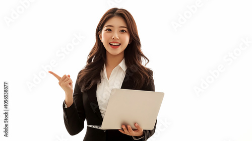 Excited young Asian business woman holding a laptop while pointing to the copy space beside her on isolated white background